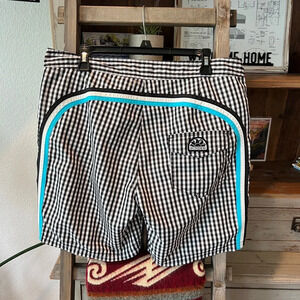 Sundek Black and White Gingham Swim Trunks with Aqua Accents